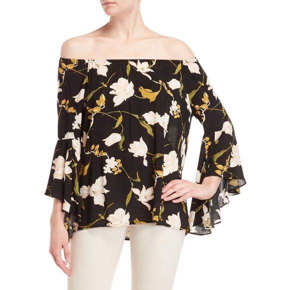 Fever Tops - Off the shoulder black and white flower top